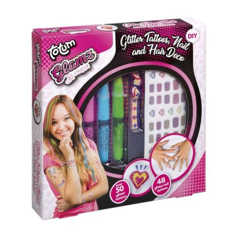 Set creativ 3 in 1, tatuaje cu sclipici, tatuaje cu sclipici pentru unghii si creioane colorare par - imagine 2